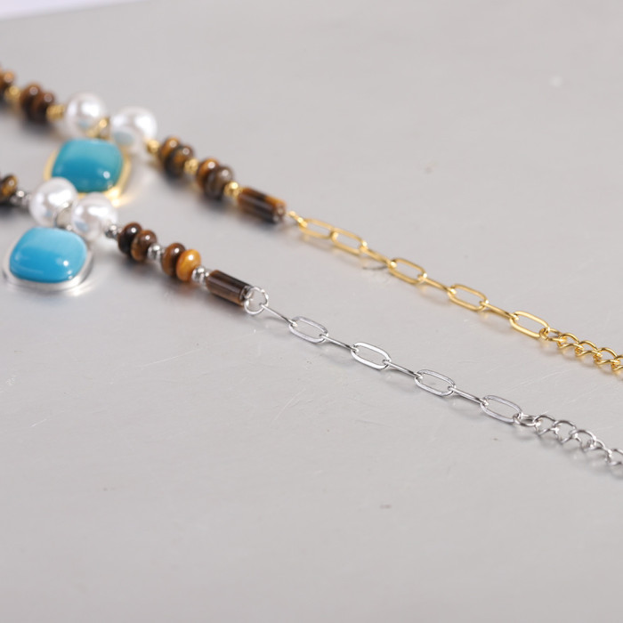 European and American Cross-Border 12MM Fashion Square Sapphire Stainless Steel Bracelet Tiger Eye Pearl Beaded Bracelet Gift for Women