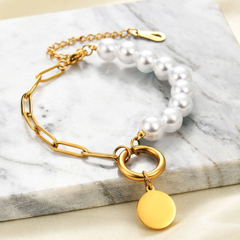 European and American Imitation Pearl Pin Chain Splicing Stainless Steel 18K Gold 26 Letters Personalized Versatile Simple Bracelet Wholesale