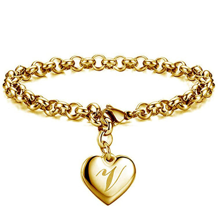 European and American New Style Simple Personality Titanium Steel Bracelet 26 Letters Fashion Stainless Steel O Chain Gold Bracelet Jewelry