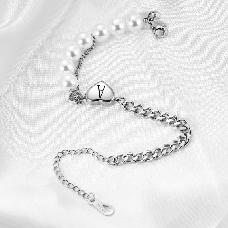 European and American Cross-Border Hot Sale Simple Stainless Steel Heart Splicing Pearl Chain Laser 26 English Letter Bracelet for Women Wholesale