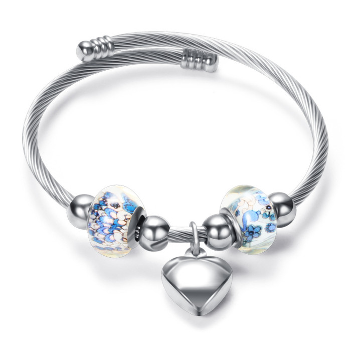 DIY Beaded Stainless Steel Bracelet European and American Cross-Border Hot Sale INS Women's Titanium Steel Bracelet Open Heart Bracelet Wholesale
