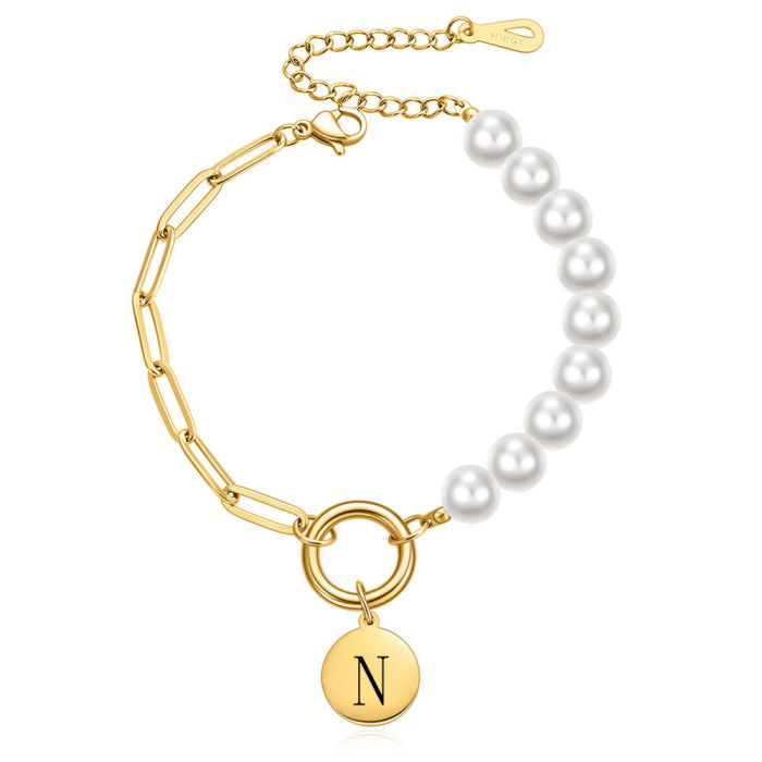 European and American Imitation Pearl Pin Chain Splicing Stainless Steel 18K Gold 26 Letters Personalized Versatile Simple Bracelet Wholesale