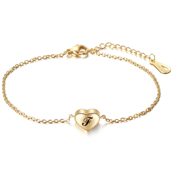 Cross-Border European and American Heart 9MM Stainless Steel 26 English Letters Bracelet Titanium Steel Simple Heart Bracelet for Women Wholesale