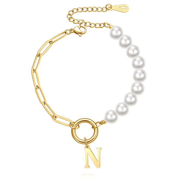 European and American Cross-Border New Imitation Pearl Pin Chain Splicing Internet Celebrity Same Style Stainless Steel 26 Letter Bracelet Wholesale for Women