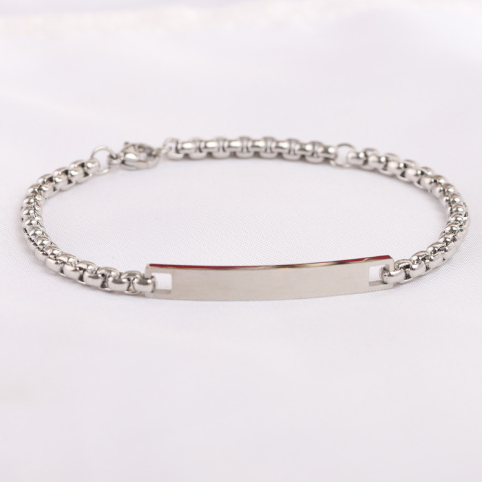 European and American Cross-Border New Product 6MM Personalized Simple Smooth Curved Tag Pearl Chain Stainless Steel Bracelet for Women with Laser Logo