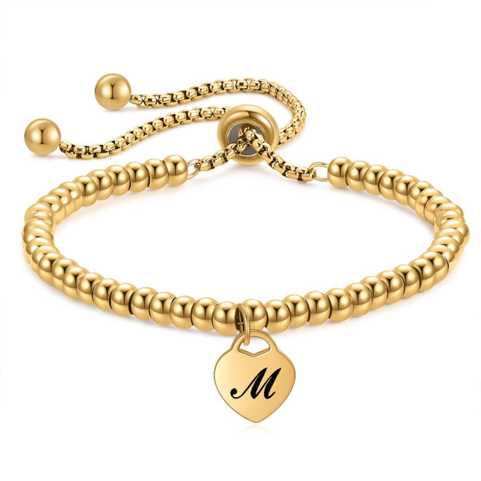 Cross-Border Hot Sale Stainless Steel Heart 26 Letters European and American 4MM Round Beads Stainless Steel 14K Gold Plated Adjustable Bracelet for Women