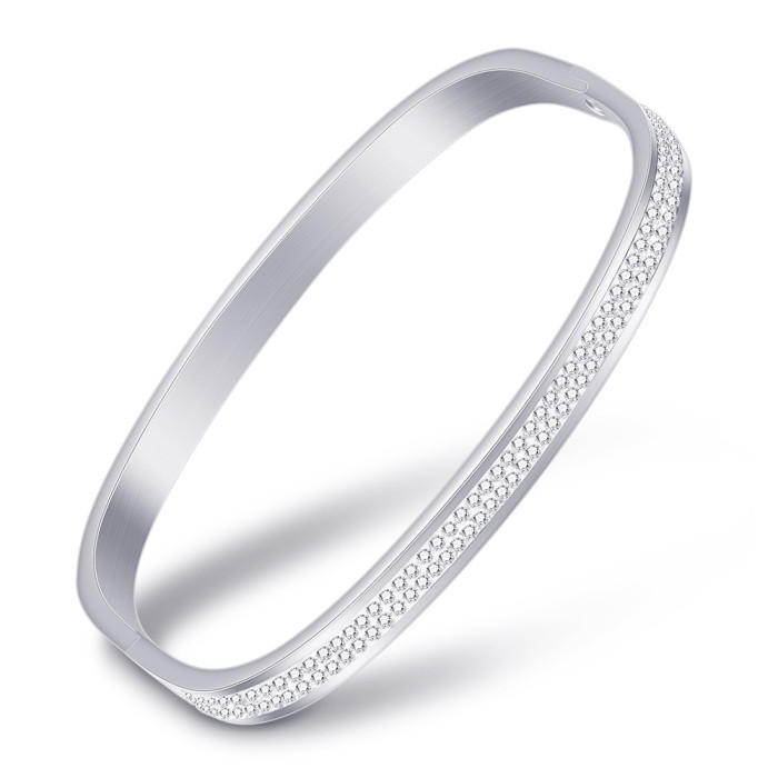 European and American Cross-Border Hot Sale Diamond-Studded Square Stainless Steel Bracelet 6MM Open 2-Row Diamond-Studded Geometric Titanium Steel Bracelet Wholesale