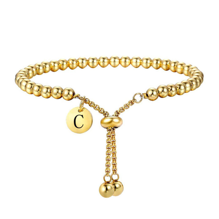 European and American Cross-Border New Style Stainless Steel Simple Fashion 26 Letters 10MM Tag Adjustable Round Bead Personalized Bracelet for Women
