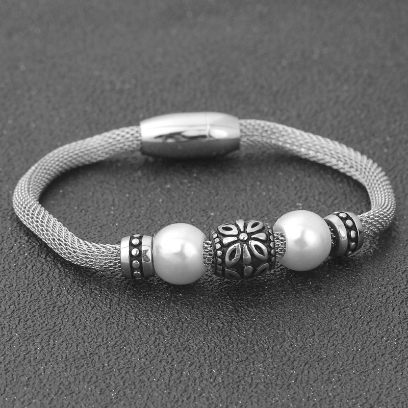 Wish AliExpress New European and American Punk Retro Titanium Steel Mesh Chain Stainless Steel Pearl Symmetrical Fashion Trend Bracelet