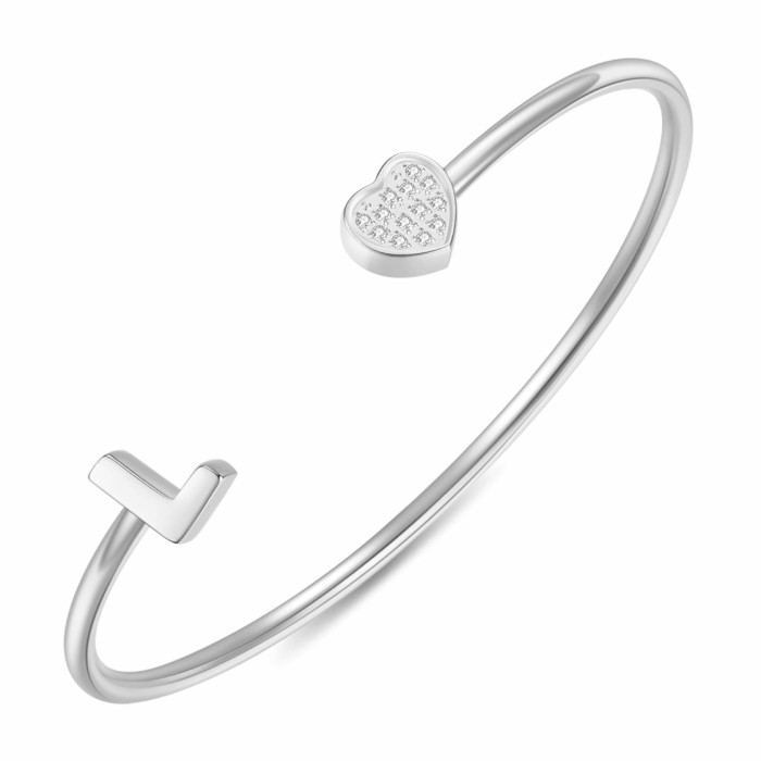 European and American Cross-Border New 26 English Letter Bracelet for Women with Zirconia Heart Open Stainless Steel Bracelet Fashionable and Simple