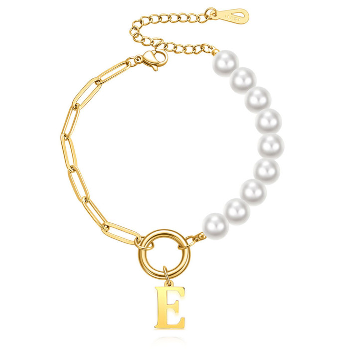 European and American Cross-Border New Imitation Pearl Pin Chain Splicing Internet Celebrity Same Style Stainless Steel 26 Letter Bracelet Wholesale for Women