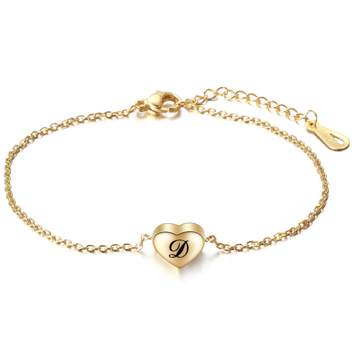 Cross-Border European and American Heart 9MM Stainless Steel 26 English Letters Bracelet Titanium Steel Simple Heart Bracelet for Women Wholesale