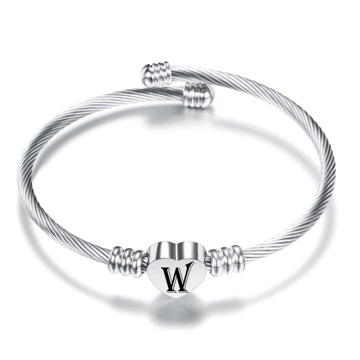 European and American Cross-Border Hot Sale Simple Personality 26 Letter Sieve Font Stainless Steel Wire Woven Heart Bracelet Wholesale