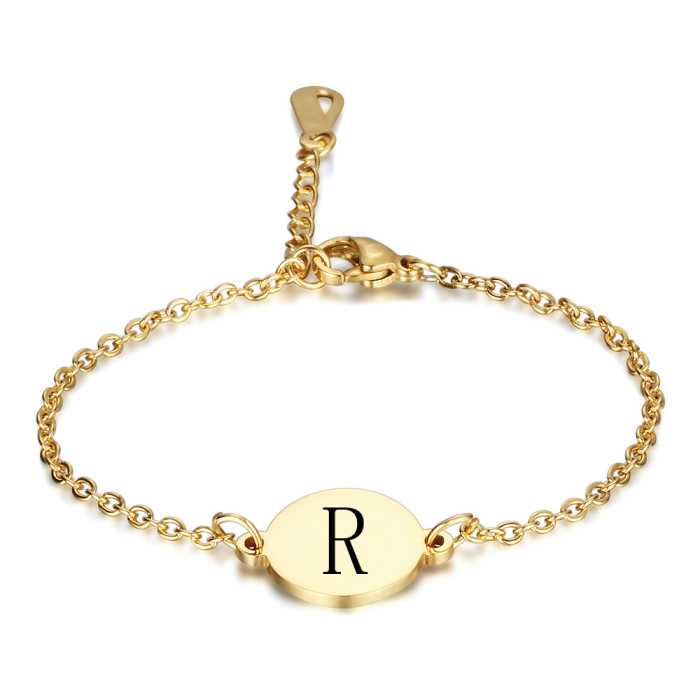 Oval 12MM Stainless Steel 26 English Letters Bracelet 18K Gold Engraved Letter Bracelet Fashion Jewelry Wholesale
