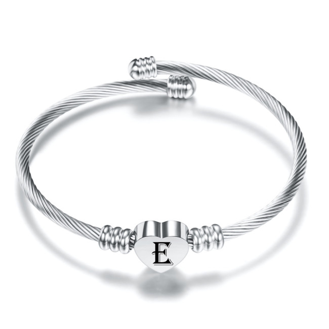 European and American Cross-Border Hot Sale Simple Personality 26 Letter Sieve Font Stainless Steel Wire Woven Heart Bracelet Wholesale