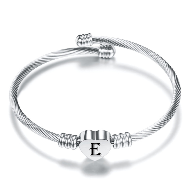 European and American Cross-Border Hot Sale Simple Personality 26 Letter Sieve Font Stainless Steel Wire Woven Heart Bracelet Wholesale