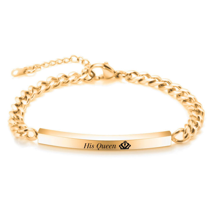 Her KingHis Queen Crown Lucky Slogan 7MM Smooth Stainless Steel Couple Personality Bracelet Wholesale for Women