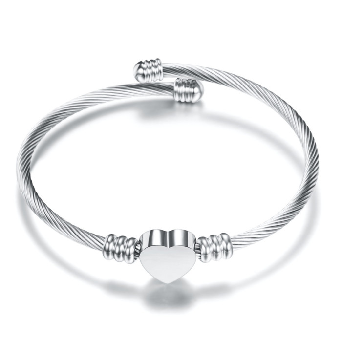 European and American Cross-Border Hot Sale Three-Color Stainless Steel Smooth Heart Cable Line Titanium Steel Open Simple Fashion Bracelet Wholesale