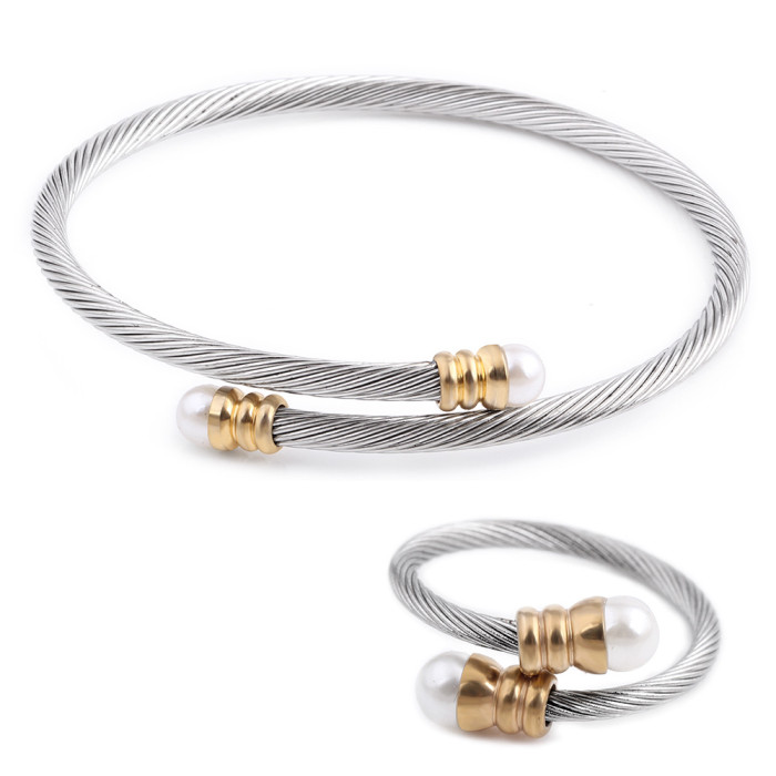 Manufacturer Wholesale 304 Stainless Steel Simple Pearl Inlaid Adjustable Bracelet Cable Line Two-tone Fashion Titanium Steel Bracelet
