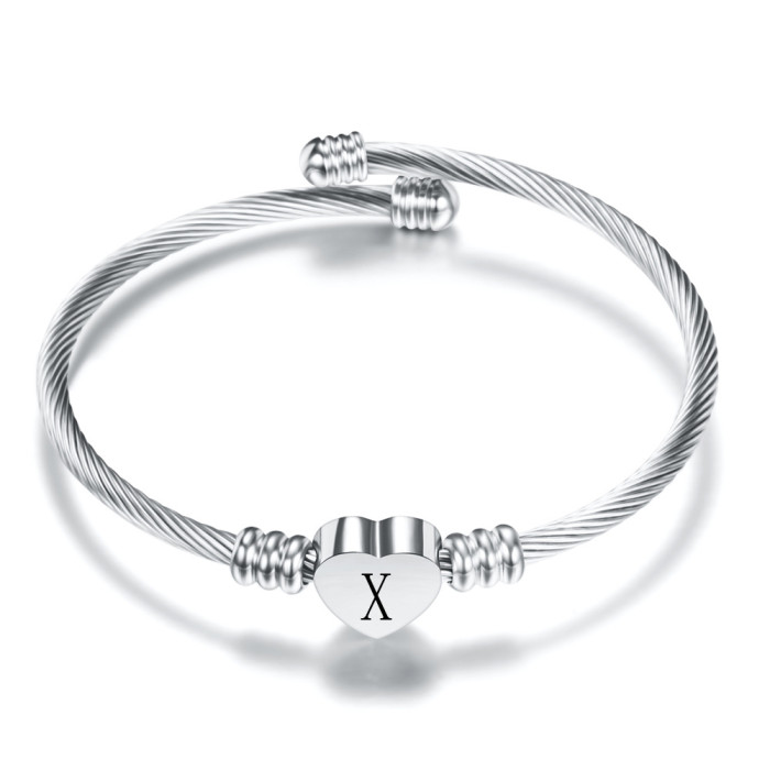 26 Letters Stainless Steel Bracelet Simple Personality Titanium Steel Heart Letter Bracelet Open Women Heart Versatile Bracelet