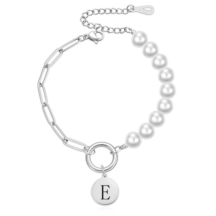 Manufacturer Wholesale European and American New Style Stainless Steel Imitation Pearl O-shaped Bracelet 26 Letters Versatile Simple Titanium Steel Jewelry