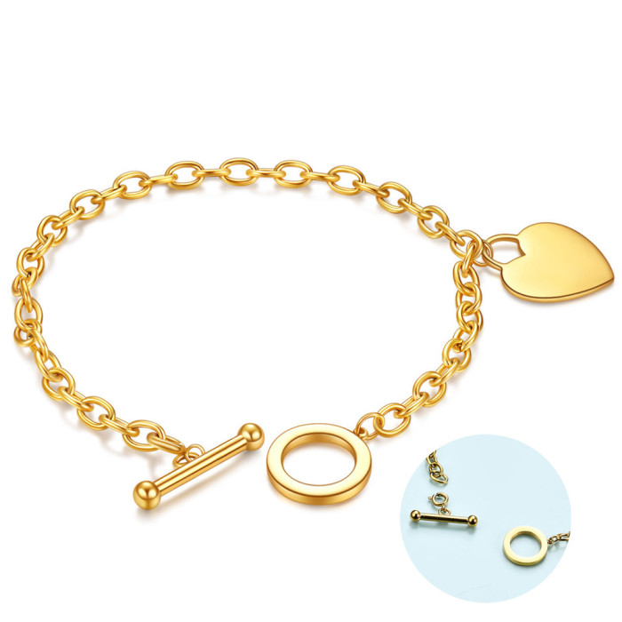 Cross-Border European and American Heart OT Chain Smooth Heart Engraving Laser Logo Women's Titanium Steel Bracelet Simple Stainless Steel Bracelet