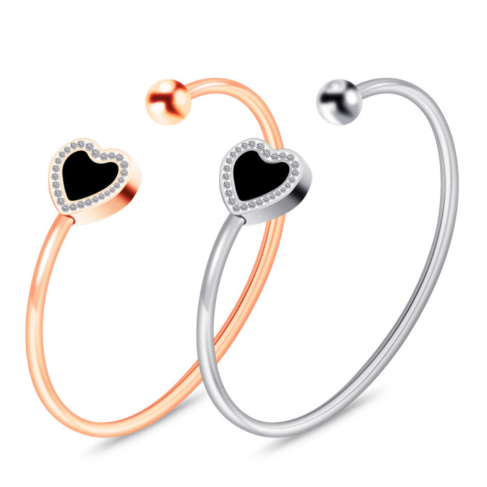 European and American Amazon Simple 15MM Open Bracelet Fashion Stainless Steel Oil Drop Inlaid Diamond Heart Titanium Steel Bracelet Wholesale