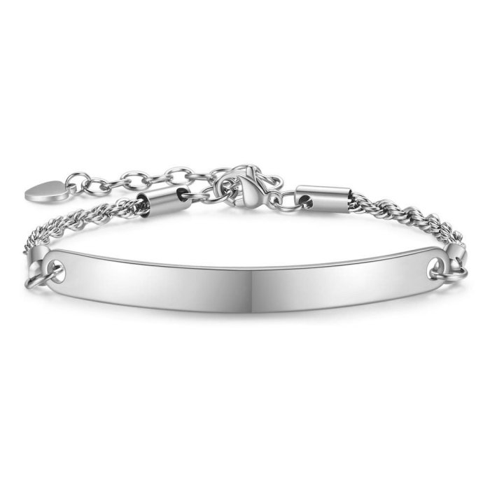 European and American Hot Sale Amazon Simple Trendy 5MM Stainless Steel Curved Tag Cylinder Laser Logo Bracelet Wholesale for Women