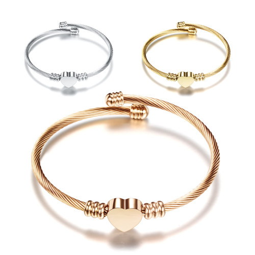European and American Cross-Border Hot Sale Three-Color Stainless Steel Smooth Heart Cable Line Titanium Steel Open Simple Fashion Bracelet Wholesale