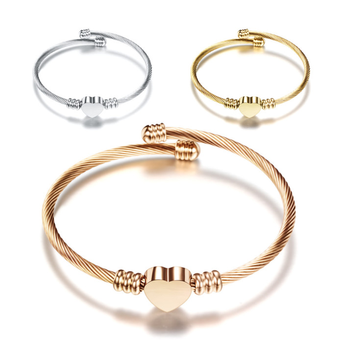 European and American Cross-Border Hot Sale Three-Color Stainless Steel Smooth Heart Cable Line Titanium Steel Open Simple Fashion Bracelet Wholesale