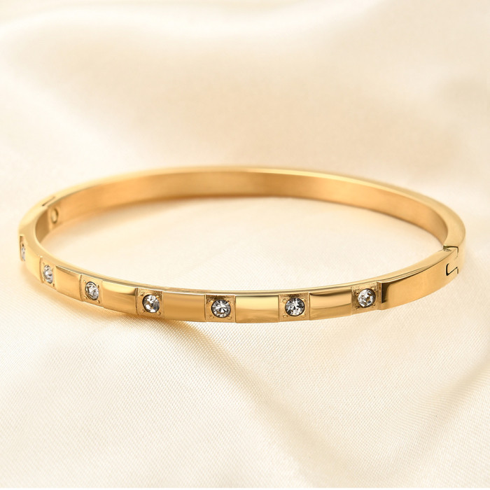 Cross-Border European and American Versatile 4MM Zircon Inlaid 18K Gold 304 Stainless Steel Titanium Steel Bracelet Fashion Couple Simple Bracelet for Women