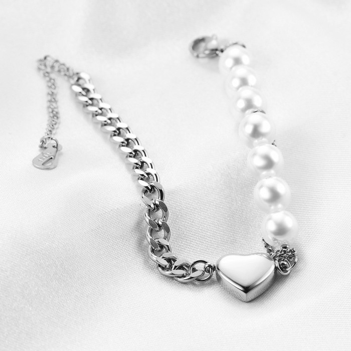 European and American Cross-Border Elegant Versatile Stainless Steel Heart Imitation Pearl Splicing Cuban Chain Bracelet for Women with Laser Logo Wholesale