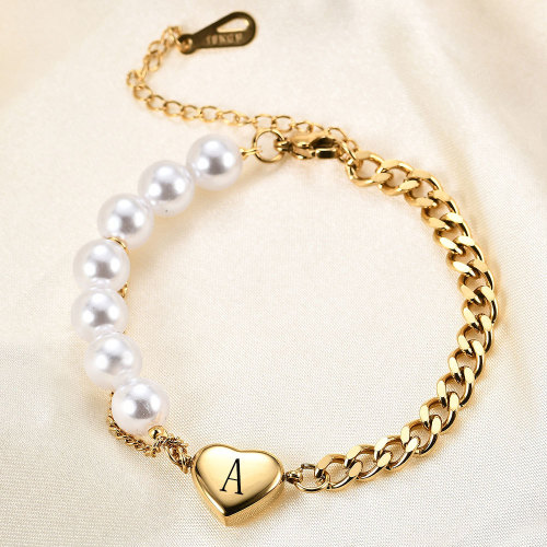 European and American Cross-Border Personality Simple Versatile Titanium Steel Heart Imitation Pearl Splicing 26 Letters Cuban Chain Engraved Bracelet