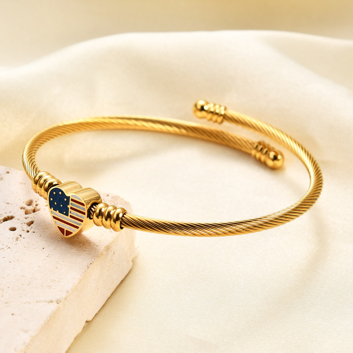 Wish AliExpress Simple Stainless Steel Braided 18K Gold Cable Titanium Steel American Flag Heart Women's Bracelet