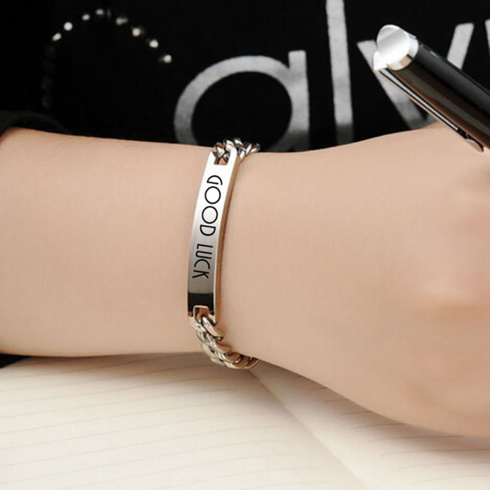 Cross-Border Hot Sale European and American 7MM Engraved GOOD LUCK Lucky Slogan Stainless Steel Smooth Titanium Steel Couple Bracelet for Women