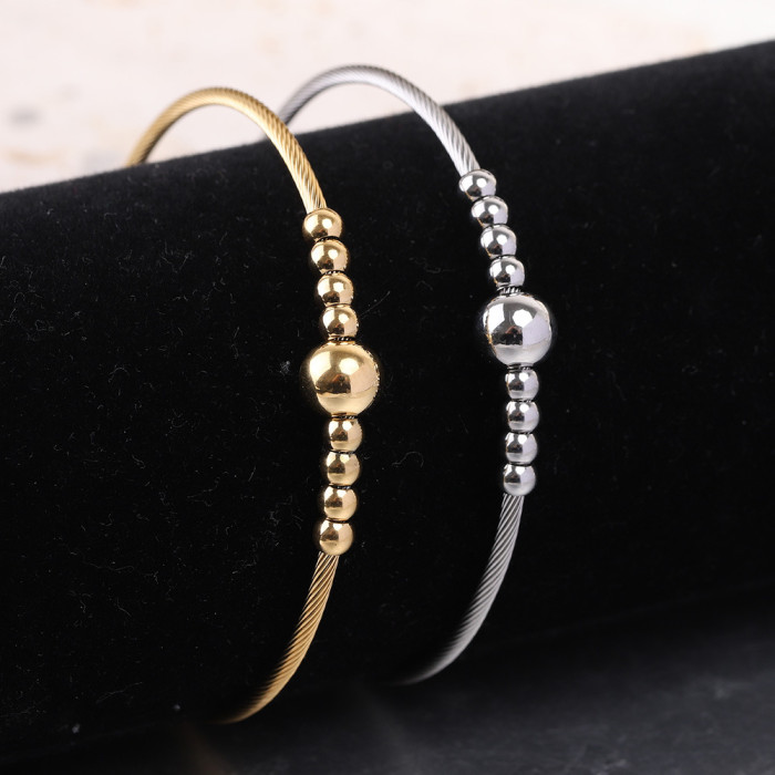 European and American Cross-Border Hot Sale Stainless Steel Cable Line 3MM Round Bead Symmetrical Openable Bracelet Elastic Titanium Steel Bracelet for Women