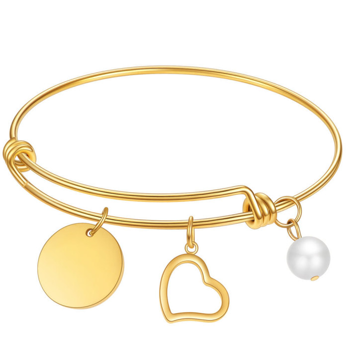 Wish Amazon New Digital Titanium Steel Bracelet Heart Pearl Stainless Steel 26 Letters Rose Gold Bracelet Wholesale