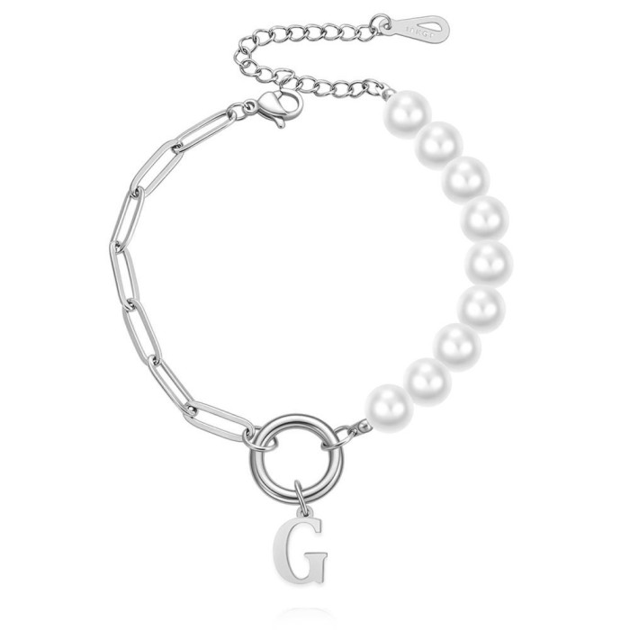 European and American Cross-Border New Imitation Pearl Pin Chain Splicing Internet Celebrity Same Style Stainless Steel 26 Letter Bracelet Wholesale for Women