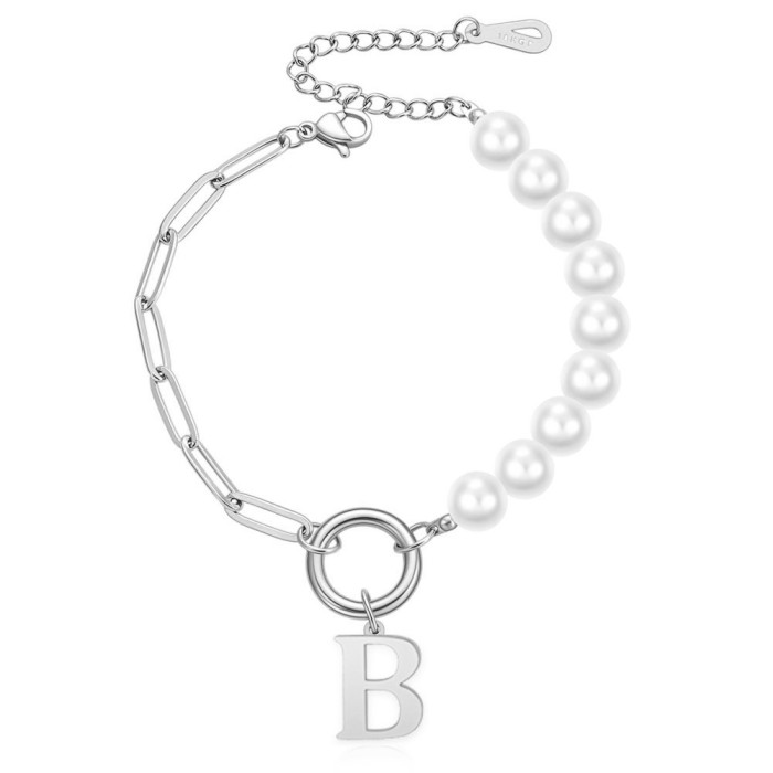 European and American Cross-Border New Imitation Pearl Pin Chain Splicing Internet Celebrity Same Style Stainless Steel 26 Letter Bracelet Wholesale for Women