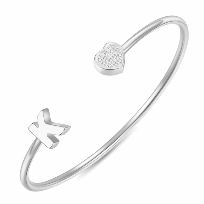 European and American Cross-Border New 26 English Letter Bracelet for Women with Zirconia Heart Open Stainless Steel Bracelet Fashionable and Simple