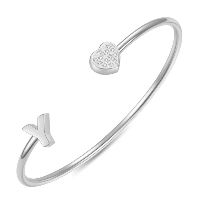 European and American Cross-Border New 26 English Letter Bracelet for Women with Zirconia Heart Open Stainless Steel Bracelet Fashionable and Simple