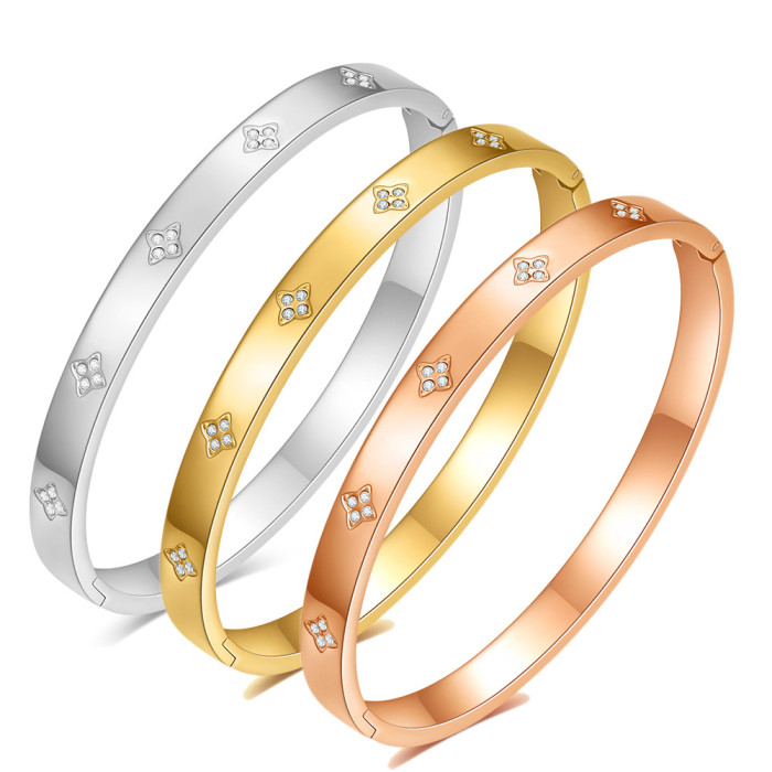 Manufacturer Wholesale European and American Cross-Border New 6MM Cross Inlaid Diamond Simple Fashion Openable Stainless Steel Titanium Steel Bracelet