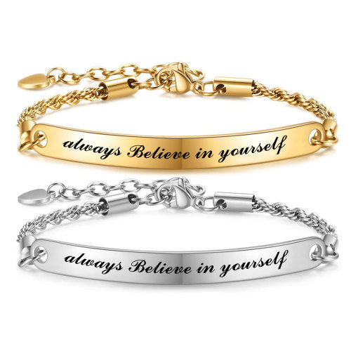 Stainless Steel 5MM Curved Tag Laser English ALWAYS BELIEVE INYOURSELF Adjustable Titanium Steel Bracelet