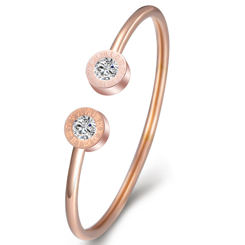 European and American Cross-Border Hot Sale 58MM Roman Numeral Bracelet Open Adjustable Stainless Steel Bracelet C-Shaped Inlaid with Diamonds Wholesale for Women