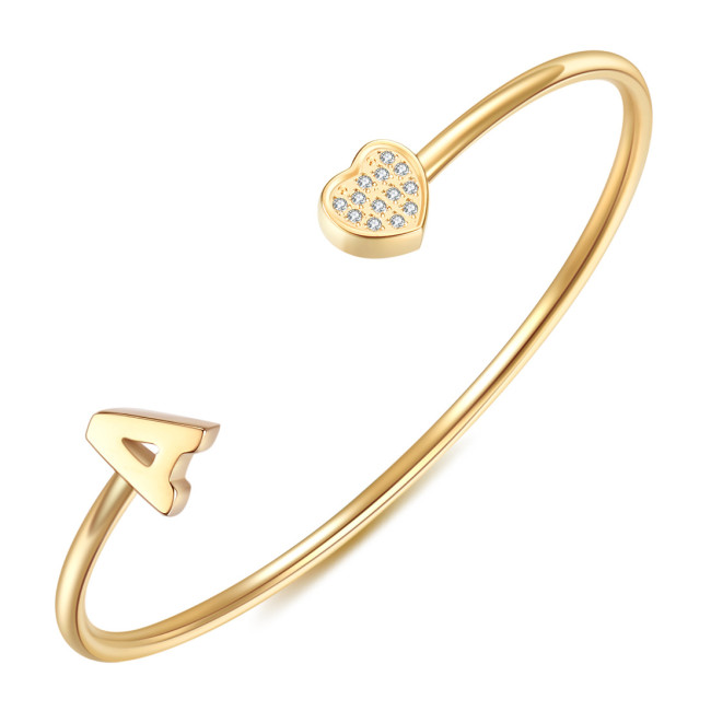 European and American Cross-Border New 26 English Letter Bracelet for Women with Zirconia Heart Open Stainless Steel Bracelet Fashionable and Simple