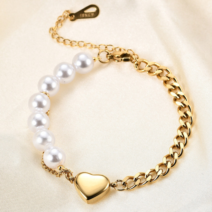 European and American Cross-Border Elegant Versatile Stainless Steel Heart Imitation Pearl Splicing Cuban Chain Bracelet for Women with Laser Logo Wholesale