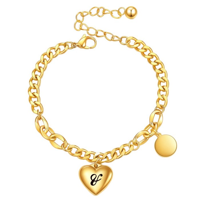 European and American Cross-Border New Fashion 18K Gold Cuban Chain 26 Letters Heart Engraving Stainless Steel Bracelet for Women Wholesale