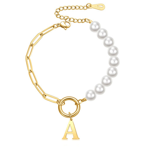 European and American Cross-Border New Imitation Pearl Pin Chain Splicing Internet Celebrity Same Style Stainless Steel 26 Letter Bracelet Wholesale for Women
