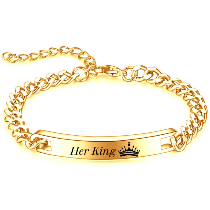 Her KingHis Queen Crown Lucky Slogan 7MM Smooth Stainless Steel Couple Personality Bracelet Wholesale for Women