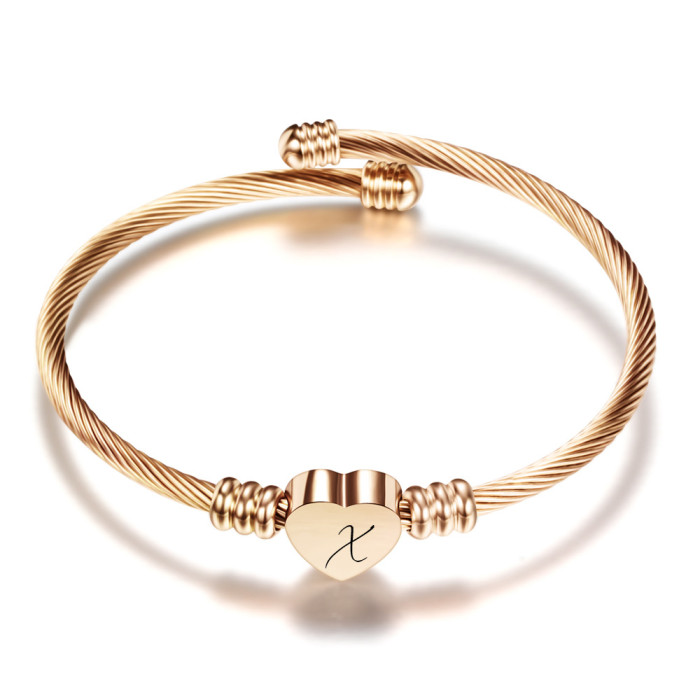 Cross-Border European and American 26 Letters Simple Stainless Steel Wire Braided Cable Line Titanium Steel Heart Fashion Women's Bracelet